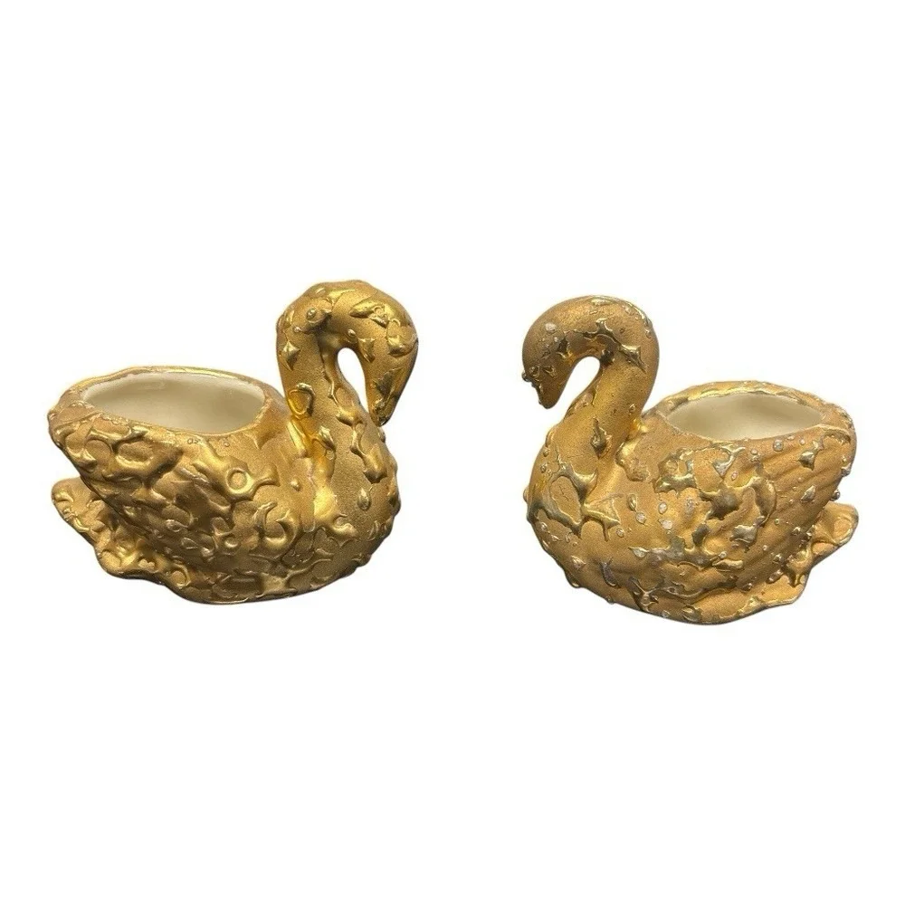 Vintage Swan Weeping Bright Gold 22k USA‎ Made Set of 3 Hand Decorated